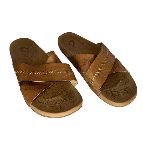 Olukai Kīpe‘a ‘Olu Women’s Leather Floral Foot Slide Sandals Size 9 - Picture 5 of 11